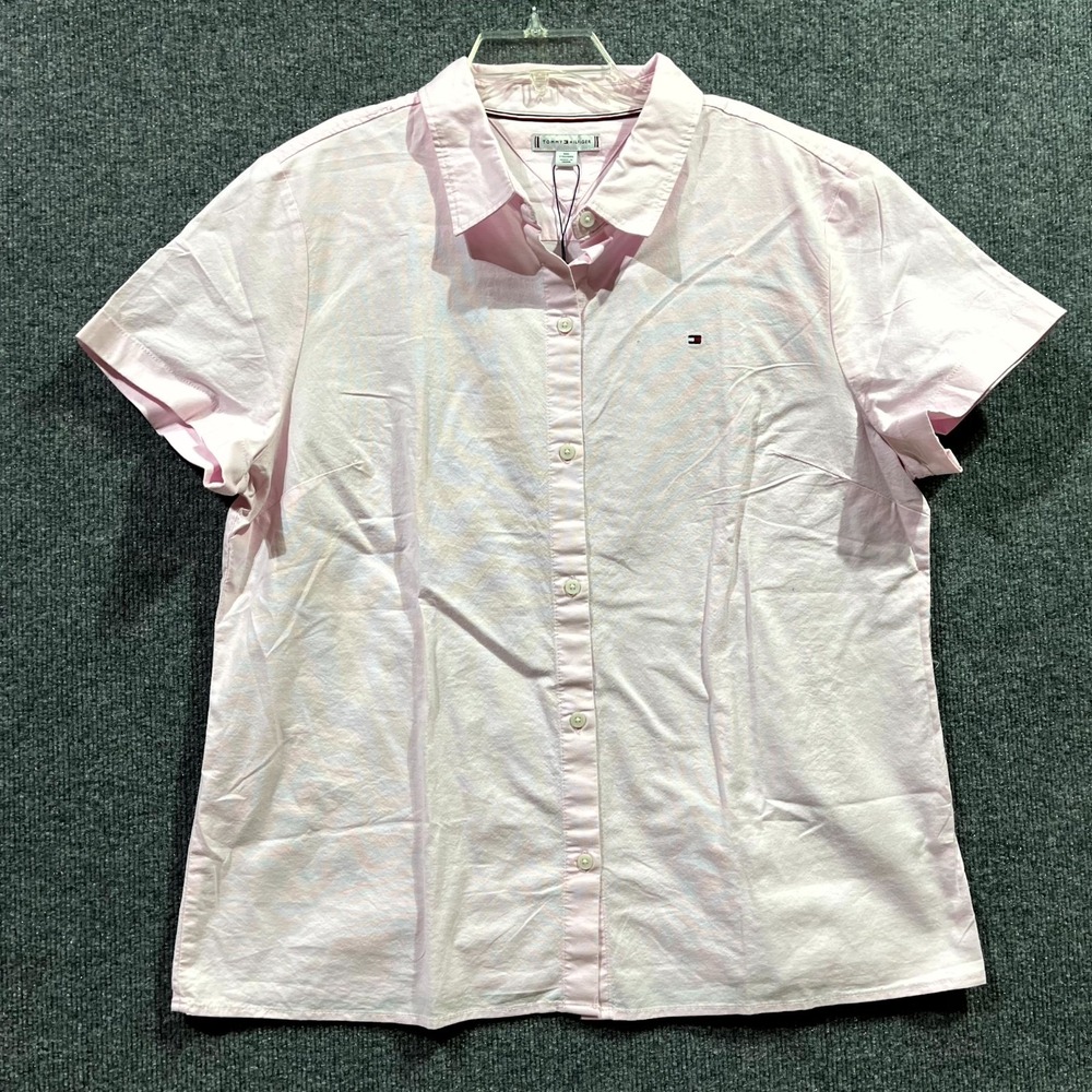 Tommy‎ Hilfiger Shirt Womens 2XL Pink Cotton Embroidered Logo Casual Button Up